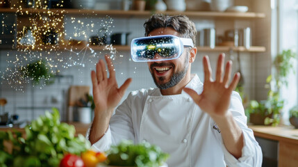 Poster - food technologist wearing augmented reality glasses in kitchen, smiling and interacting with virtual elements. scene showcases innovation in food technology