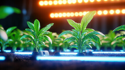 Aufkleber - Cinematic render of 3D smart agriculture model showcasing vibrant green plants under LED lights, emphasizing modern farming technology and growth