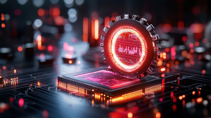 Aufkleber - futuristic 3D technological interface featuring glowing circular element on circuit board, showcasing vibrant red and orange lights