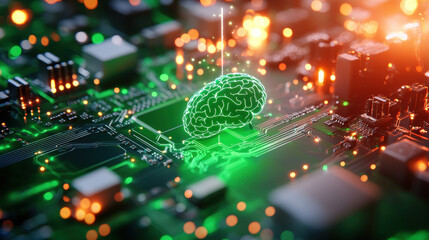 Leinwandbilder - cinematic shot of 3D model displaying AI brain on circuit board, showcasing technology and innovation in vibrant, futuristic setting