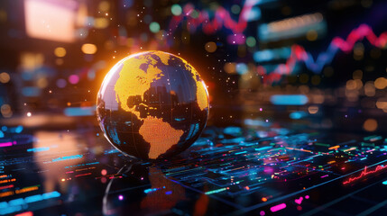 Leinwandbilder - cinematic view of 3D holographic globe displaying live data, surrounded by vibrant lights and digital graphs, evokes sense of innovation and technology