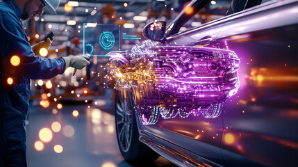 Fototapete - technician inspecting car engine with augmented reality technology, showcasing digital overlays and futuristic elements. scene highlights innovation in automotive engineering
