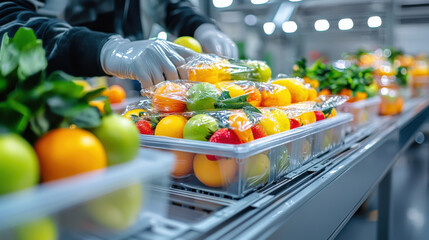 Aufkleber - Futuristic fruit packaging system with smart robots and fresh produce. automated process showcases vibrant fruits being carefully packed for distribution