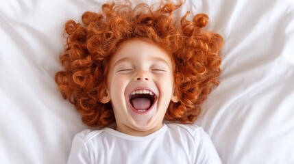 A vibrant image of a cheerful child with fluffy red hair laughing joyfully, capturing the essence of childhood happiness and the beauty of carefree moments in an artistically styled composition.