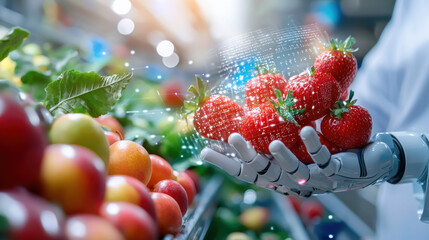 Aufkleber - Futuristic robotic hand holding strawberries in smart grocery store. scene showcases advanced technology in fruit packaging and selection, blending nature with innovation