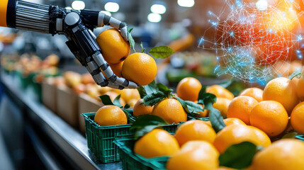 Poster - Futuristic robotic arm sorting oranges in modern fruit processing facility, showcasing automation and efficiency in agriculture