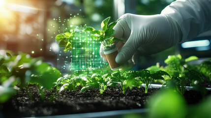 Leinwandbilder - hand in glove holds small plant pot with digital elements, showcasing innovation in agriculture. background features lush green plants, symbolizing growth and technology