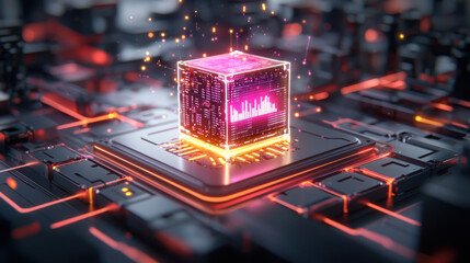 Leinwandbilder - futuristic microchip glowing with vibrant colors, surrounded by complex circuit board, symbolizes advanced technology and innovation