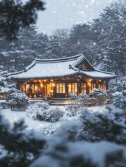 Poster - Winter wonderland featuring a traditional Korean house surrounded by snow in a serene garden setting at dusk. Generative AI