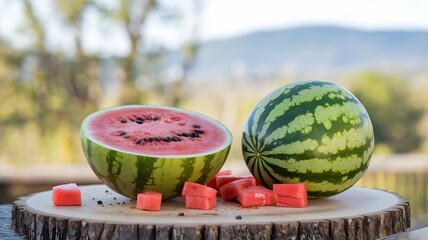 Wall Mural - A large watermelon has been cut into two equal halves on a wooden cutting board