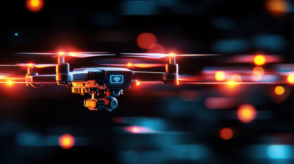 Poster - Advanced drone in flight with glowing lights and motion blur, showcasing technology and innovation. image captures essence of modern aerial devices and their capabilities