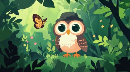 Poster - Cute owl in a forest with a butterfly. Lush green foliage surrounds the small bird, adding to the serene atmosphere.