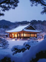 Aufkleber - Snow covered traditional Korean house in serene winter landscape during twilight hours. Generative AI
