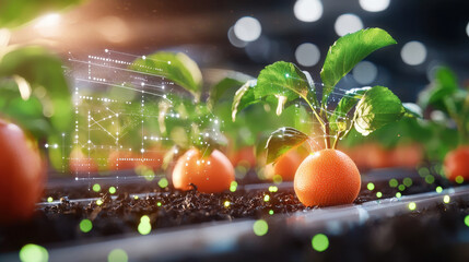 Leinwandbilder - smart farm showcasing innovative technology with orange plants growing in soil, illuminated by soft lights, representing modern agriculture and sustainability