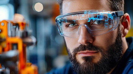 Aufkleber - High resolution close up of engineer wearing augmented reality glasses, focused on robotic arm. image captures innovation and technology in engineering