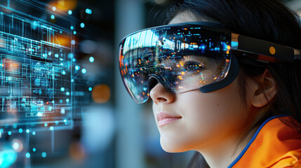 Leinwandbilder - High resolution close up of woman wearing augmented reality glasses, engaged in technology. background features digital graphics and data visualization
