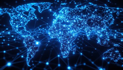 global network connection, digital world map, data flow, background lights, technology concept