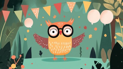 Poster - Cute owl with party decorations in a lush forest scene.