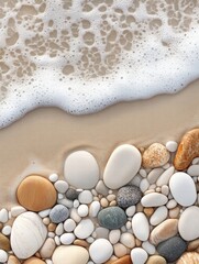 Fototapete - Gentle waves wash over smooth beach pebbles on a sandy shore during a tranquil coastal moment. Generative AI