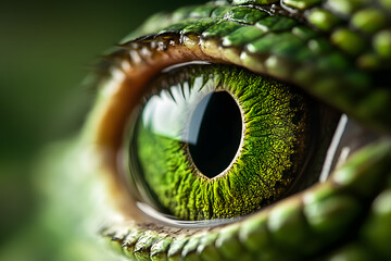 close-up of the eye of a crocodile, green animal eyee with unique shape