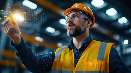 Poster - focused engineer in safety vest and helmet interacts with augmented reality technology, showcasing innovation in industrial setting