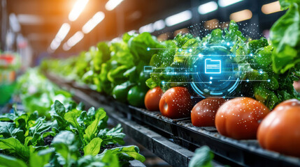 Poster - High tech sustainable farming with fresh vegetables and digital interface. image showcases vibrant tomatoes and leafy greens, emphasizing innovation in agriculture