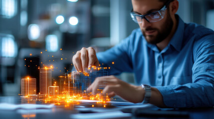 Aufkleber - engineer working on digital project, creating 3D models with glowing elements. scene captures innovation and technology in modern workspace
