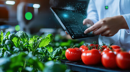 Aufkleber - person in lab coat uses tablet to monitor sustainable farming, surrounded by fresh tomatoes and leafy greens, showcasing technology in agriculture