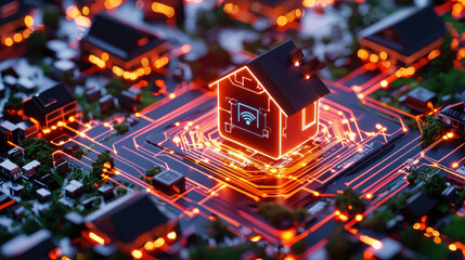 Poster - high resolution image of smart home security system with glowing circuits, showcasing futuristic house design. scene emphasizes technology and connectivity