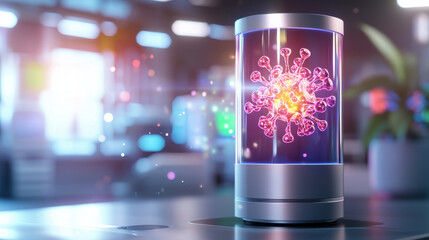 Fototapete - futuristic display of virus model in laboratory setting, showcasing vibrant colors and intricate details. This evokes sense of scientific exploration and innovation