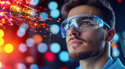 Fototapete - Innovative scientist wearing smart glasses, exploring data visualization and technology. vibrant background enhances futuristic atmosphere of research and discovery