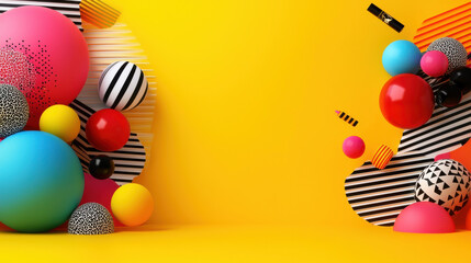 Leinwandbilder - Bright and colorful pop art inspired background featuring geometric shapes, spheres, and patterns in vibrant colors against yellow backdrop, creating playful and energetic atmosphere