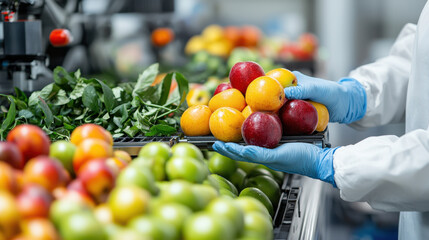Poster - High resolution image of fruit sorting robot in action, showcasing vibrant fruits like apples and oranges being sorted with precision. scene reflects modern agricultural technology and efficiency