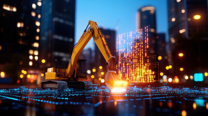 Poster - high tech construction site featuring yellow excavator with digital overlays, showcasing innovation and modern technology in urban development