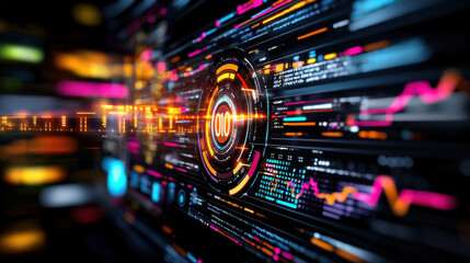 Poster - High tech engineering project management screen displaying data visualization, graphs, and analytics. vibrant colors and digital elements create engaging atmosphere
