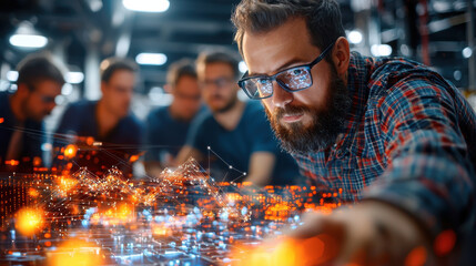 Aufkleber - High tech engineering team collaborating on project, focused on digital data analysis and innovation. atmosphere is dynamic and creative, showcasing teamwork and technology