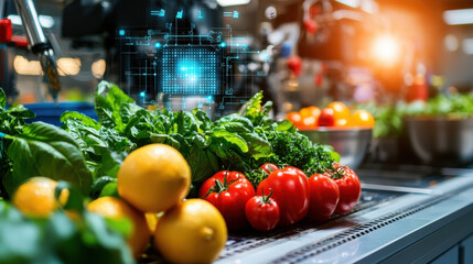 Leinwandbilder - High tech food processing plant with automated machines and fresh produce. image showcases vibrant vegetables and fruits, highlighting innovation in agriculture