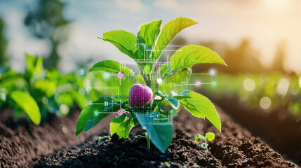 Poster - high tech fruit farm with plant growing, monitored by digital technology, showcasing innovation in agriculture. vibrant green leaves symbolize growth and sustainability