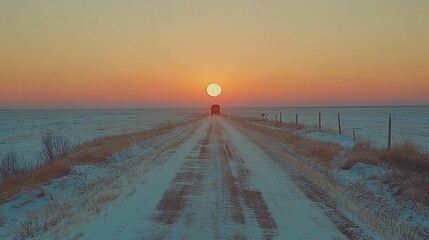 Poster - Truck driving into snowy prairie sunrise