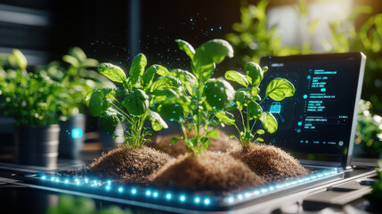 Leinwandbilder - High tech urban farm using AI algorithms to grow nutritious plants. image showcases vibrant green plants emerging from soil, with digital interface displaying growth data