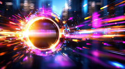 Aufkleber - vibrant digital illustration of futuristic portal with colorful light trails, creating sense of motion and energy in cityscape