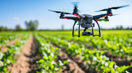 Leinwandbilder - drone flying over green farm field, capturing data for precision agriculture. technology enhances crop monitoring and improves farming efficiency