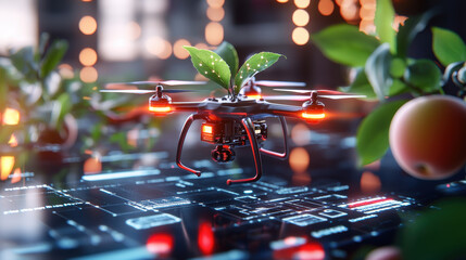 Leinwandbilder - drone equipped with plants hovers over digital interface in fruit farm, showcasing advanced agricultural technology. scene is vibrant and innovative, highlighting fusion of nature and technology