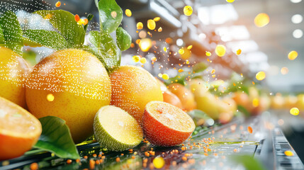 Poster - High tech fruit sorting system with oranges and leaves, showcasing vibrant colors and dynamic motion. image captures essence of freshness and innovation in agriculture