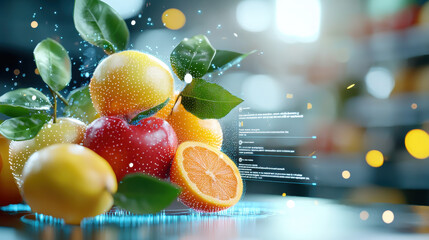 Aufkleber - vibrant digital fruit labeling system showcasing apples, oranges, and lemons with leaves. scene is enhanced by glowing particles and data elements, creating futuristic feel