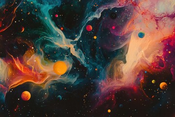 Poster - Colorful galaxy with swirling nebula and glowing planets captured in vibrant cosmic display. Generative AI