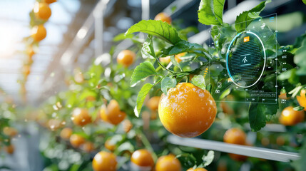 Poster - vibrant orange fruit hangs from plant in greenhouse, showcasing advanced technology for monitoring growth. scene highlights innovation in agriculture and sustainable farming practices
