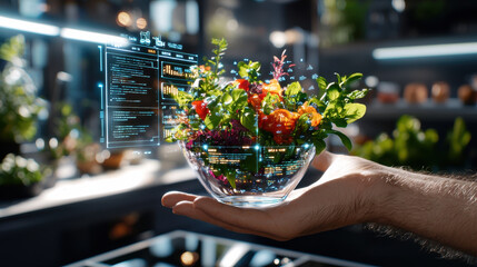 Aufkleber - hand holding bowl of fresh vegetables with digital data overlay, showcasing blend of technology and nature. This futuristic kitchen emphasizes innovation in food preparation