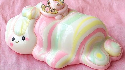 Wall Mural - Cute, pastel-colored, slime-like, figurine of a lying down, smiling, cartoon animal with a crown.