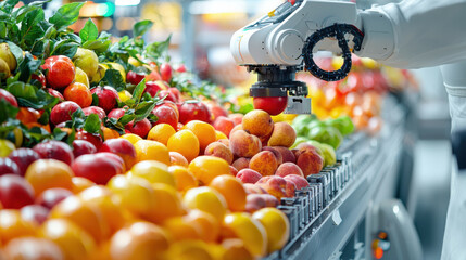 Poster - robot sorting variety of colorful fruits in modern grocery store, showcasing advanced technology and automation in food handling